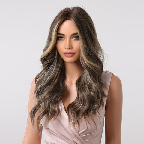 Haircube 22 Inch Brown with Gray Highlight Long Wavy Wig Middle Part Heat Resistant Synthetic Wig for Women Natural Comfortable Fashion Party Diy Daily LC1018-1