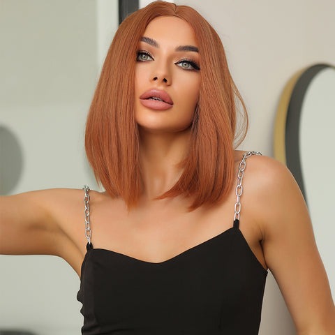S48 Short Orange Straight Bob Wig Middle Part Synthetic   WL1034-1