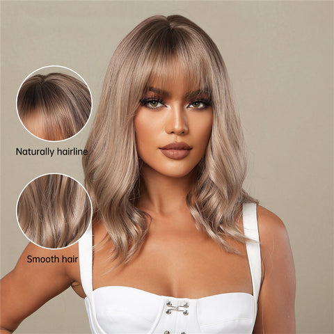 【YW23】16 Inch Light Brown Shoulder-Length Wavy Hair With Bangs Synthetic Heat Resistant Wig LC1006-1