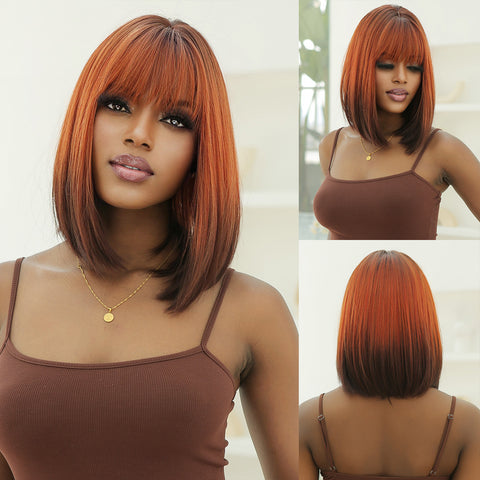 【YW48】16 Inches Long Straight Orange Gradient Brown Wigs with Bangs Synthetic Wigs Women's Wigs for Daily Use Party or Cosplay Taking Photos LC2067-5