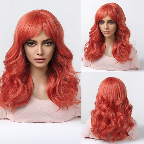 【Luna 79】 long curly wigs red with middle bangs wigs nature and soft for women WL1048-2