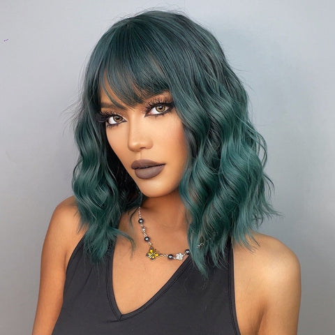 S47 Short Ombre Green  Wavy Bob Wig with Bang  14 Inch SS170-1