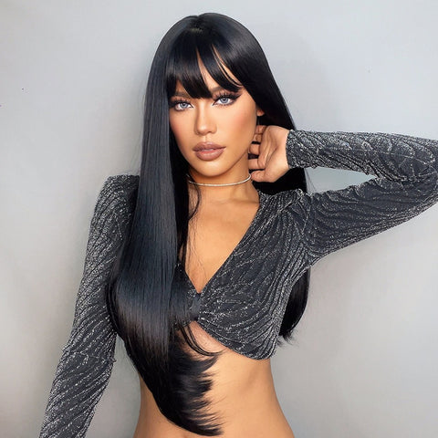 【YW15】26 inches long black straight wig with bangs LC257-1