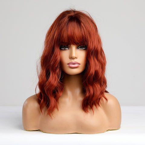 Haircube 20 Inch Red Brown Long Wavy Curly Bob Wig with Bang Heat Resistant Synthetic Wig for Women Natural Comfortable Fashion Party Diy Daily LC8054