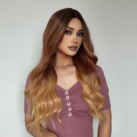 【Peachy 33】22 inches Long Ombre Brown Gold Wavy Curly Wig Heat Resistant Synthetic Wig  LC371-1