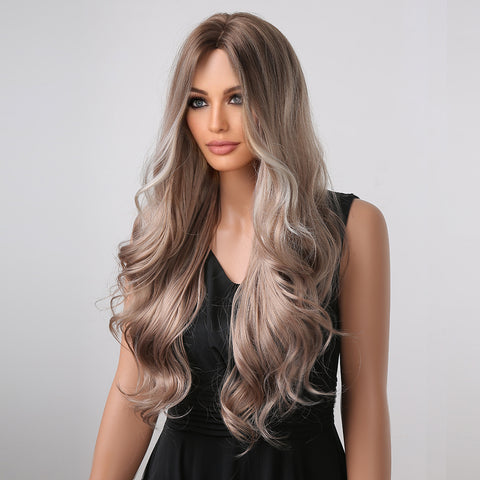 S15 Grayish Brown Long Wavy Curly Wig Heat Resistant Synthetic Wig  LC1001-1