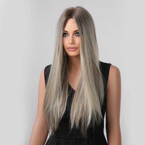 Haircube 24 Inch Greyish Brown Middle Part Long Straight Wig Middle Part Heat Resistant Synthetic Wig for Women Natural Comfortable Fashion Party Diy Daily LC1007-1
