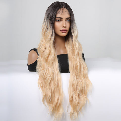 【peachy 9】30-inch  blonde lace front wigs Long curly Wavy Wig  HC11059-1