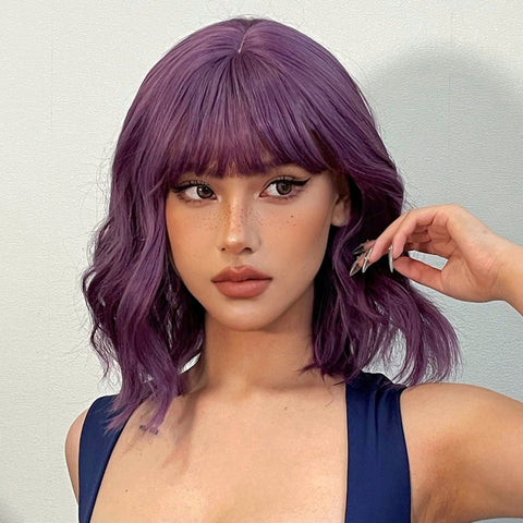 【Luna 28】Haircube 14 Inch Short Purple Bob Slight Wavy Curly Wig WL1006-3