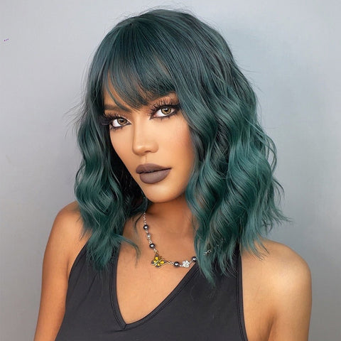 【Gaby 71】🔥BUY 3 WIG PAY 2 WIG🔥Haircube 16 Inch Short Ombre Green Bob Wavy Curly Wig  SS170-1