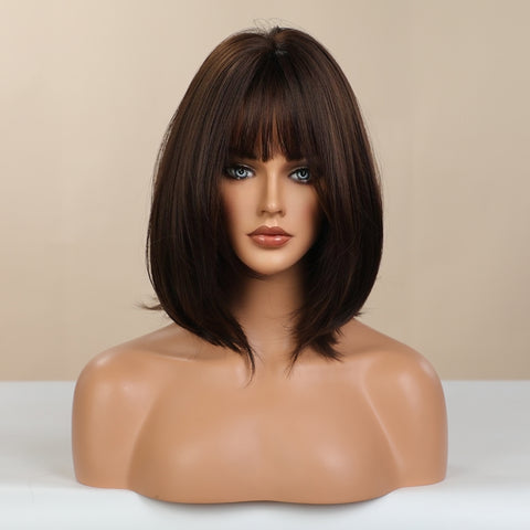 Haircube 14 Inch Black Brown Short Bob Wig with Bang Heat Resistant Synthetic Wig for Women Natural Comfortable Fashion Party Diy Daily LC8002