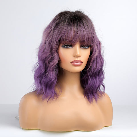 【Melody Picked】Haircube 12 Inch Ombre Purple Short Wavy Curly Bob Wig  LC8062