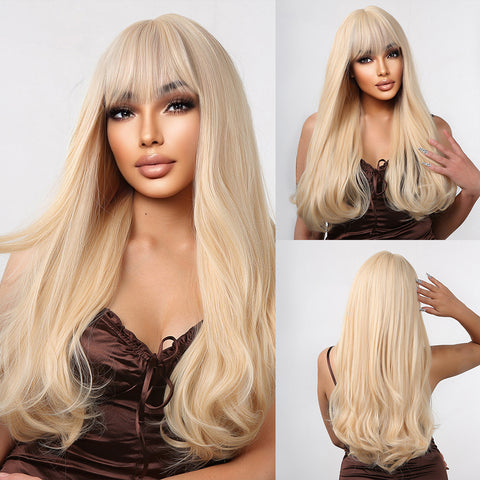 【Peachy 17】28 Inches Blonde Long Wavy Wigs with bangs nature and soft WL1010-1