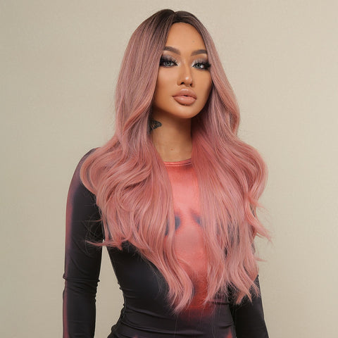 M26 Long curly wigs black ombre pink with middle bangs wigs for women for daily life LC313-1