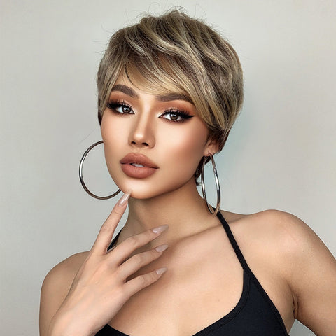 【Luna 41】 Short Ombre Brown Pixie Cut Wig Heat Resistant Synthetic Wig  10 Inch  SS127-1
