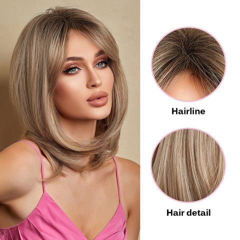 Haircube 14 Inch Short Ombre gray gold Straight Wig with Middle Part Bang Synthetic Heat Resistant   for Woman Natural Comfortable Fanshion Daily Party DIY lc9021