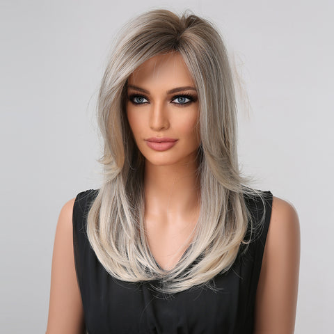 Haircube 22 Inch Gray with Brown Roots Layered Straight Wig Heat Resistant Synthetic Wig for Women Natural Comfortable Fashion Party Diy Daily LC1002-1