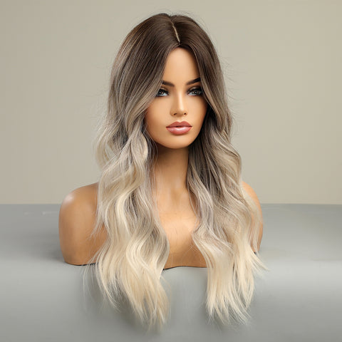 S3 Ombre Platinum Long Wavy Curly  Wig Middle Part Heat Resistant Synthetic Wig  LC8066