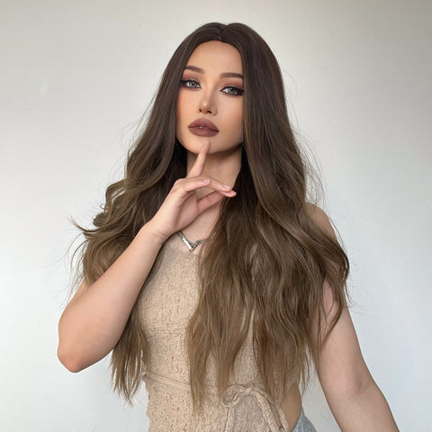 S37 Long Ombre Brown Wavy Curly Wig 26 Inch  LC179-1