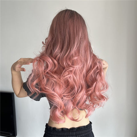 S79 Long Ombre Pink Slight Wavy Curly Wig with Bang  LC6018