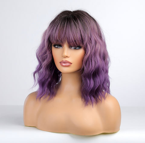 【Melody Picked】Haircube 12 Inch Ombre Purple Short Wavy Curly Bob Wig  LC8062