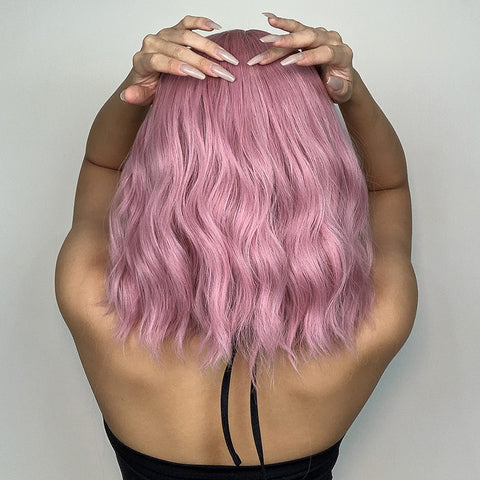 【Luna 11】Haircube 14 Inch Short Pink Wavy Curly Wig with Bang    LC210-1