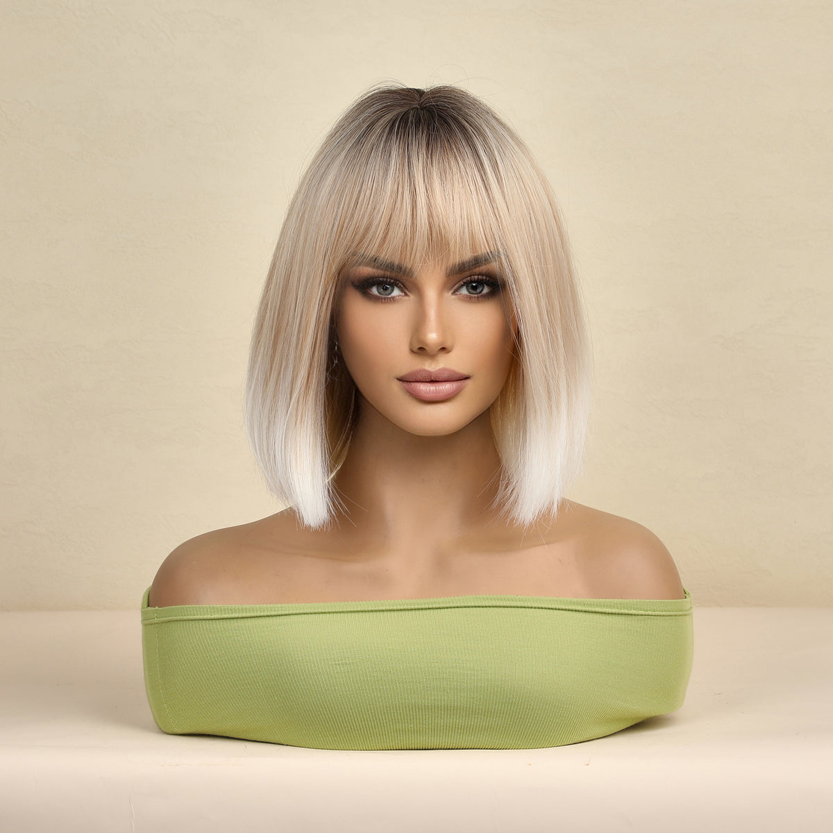 Haircube 12 Inch Short Ombre Platinum Gold Bob Wig with Bang Heat Resistant Synthetic Wig for Women Natural Comfortable Fashion Party Diy Daily  lc8079