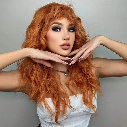 【YW77】Long curly wigs orange with bangs wigs for women for daily life LC6056-1