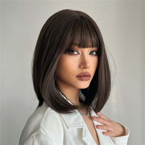 Haircube 14 Inch Short Black-Brown Straight Bob Wig with Bang Heat Resistant Synthetic Wig for Women Natural Fashion Party Diy Daily Cosplay  SS189