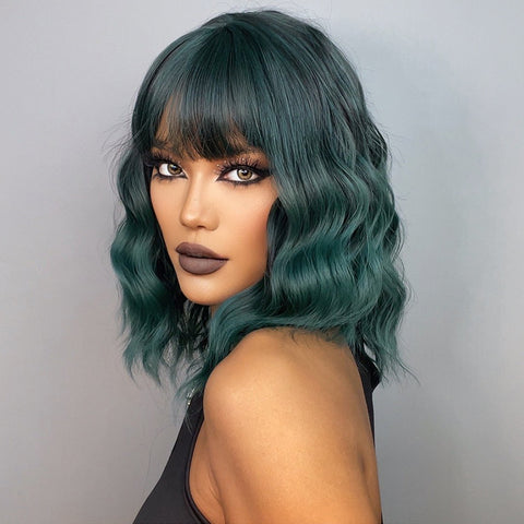 S47 Short Ombre Green  Wavy Bob Wig with Bang  14 Inch SS170-1
