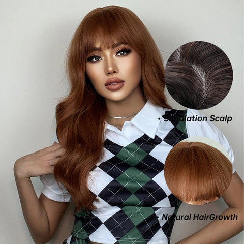 Haircube 22 Inch Long Dark Orange Wavy Curly Wig with Bang Heat Resistant Synthetic Wig for Women Natural Fashion Party Diy Daily Cosplay  LC034-1