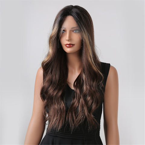 【peachy 2】26 inches lace Long Ombre Brown Wavy Curly Synthetic Wig   BL66126-1