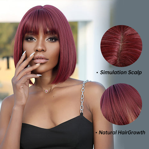 【WAVES】14 inch Short Red Straight Synthetic Wig with Bang Natural Fanshion LC2071-1