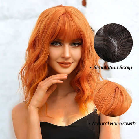 【Peachy 62】 16 Inches Orange Wavy Bob wigs with Bangs WL1006-1