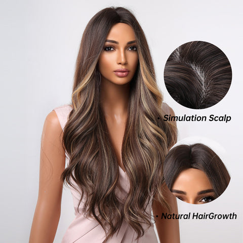 【Erica 6】Haircube   Brown Mixed Blonde Wavy Wig Highlight Middle Part Natural  LC2048-1