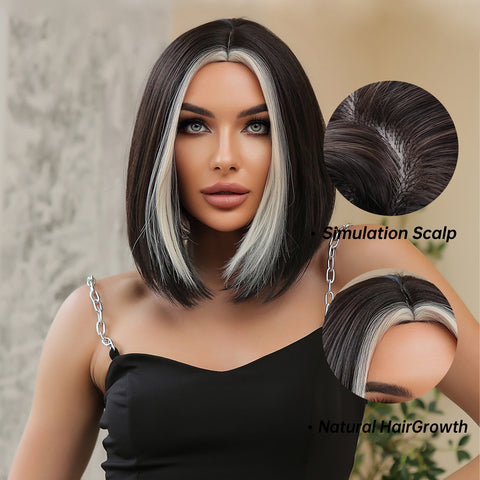S51 Short Black with Gray Highlight Bob Wig Synthetic   WL1031-1