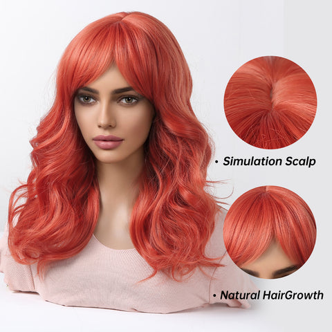 【Luna 79】 long curly wigs red with middle bangs wigs nature and soft for women WL1048-2