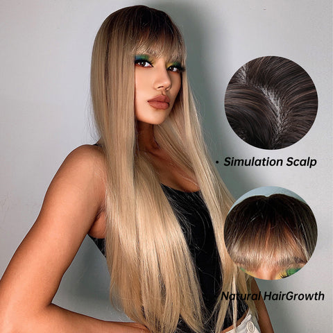 S80 Brown Ombre Blonde Long Straight Wigs for Women LC288-1