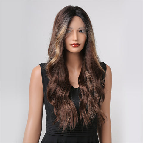 【peachy 2】26 inches lace Long Ombre Brown Wavy Curly Synthetic Wig   BL66126-1
