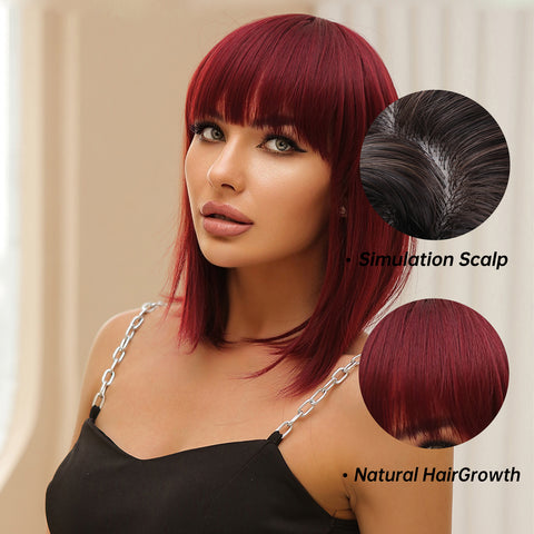 S75 Short Wine Red Straight Bob Wig with Bang  WL1035-1