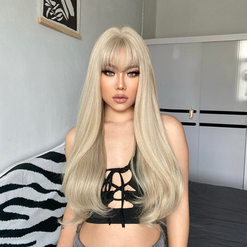 【YW28】  Platinum Wavy Wig With Bangs Synthetic Heat Resistant Wig  24 Inch Long LC5038-1