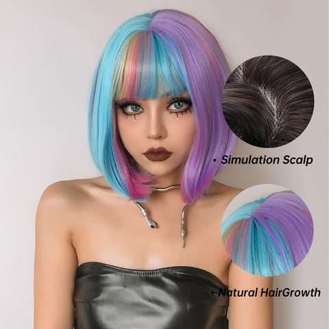 M44 Short srtaight bobo wigs purple with blue with bangs wigs for women for daily party ss178-1