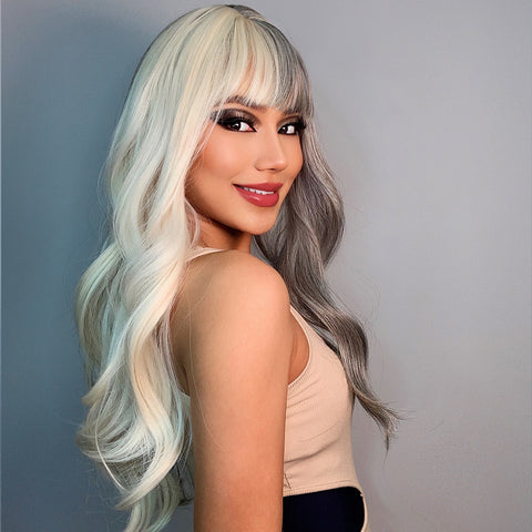 【Gaby 85】🔥BUY 3 WIG PAY 2 WIG🔥 Long Gray with White Wavy Synthetic Wigs with Bangs LC6081-1