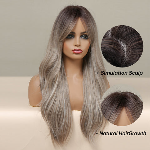 Haircube 24 Inch Inch Long Ombre Gray With Middle Part Bang Wavy Curly Wig Heat Resistant Synthetic Wig for Women Natural Comfortable Fashion Party Diy Daily LC457-1