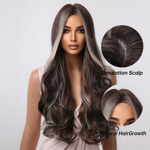 S99 Long Black with Gray Highlight Wavy Wig Middle Part  LC2046-1