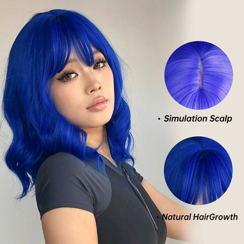 【Peachy 60】14 Inches Dark Blue Wig with Bangs Bob Hair  Short Curly Wavy WL1006-4
