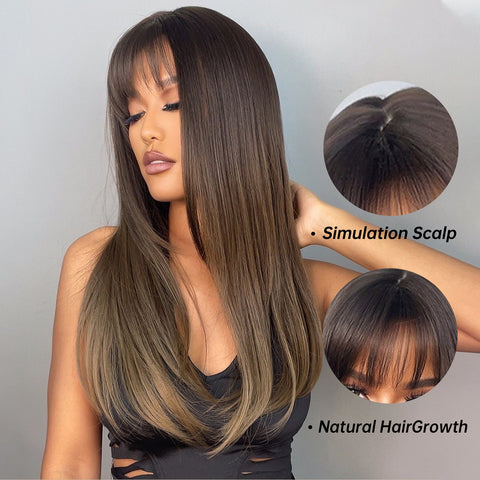 S28  Long Straight Brown Hair with Inner Button Fashion Wig  LC036