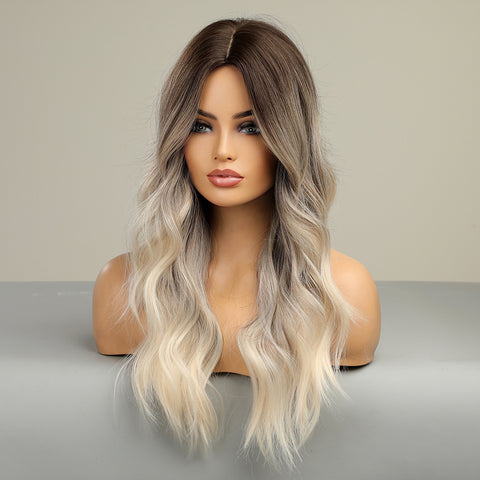 S3 Ombre Platinum Long Wavy Curly  Wig Middle Part Heat Resistant Synthetic Wig  LC8066