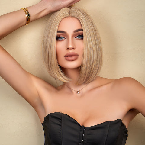 Haircube 12 Inch Short Blonde Bob Straight Wig Synthetic Heat Resistant for Woman Natural Comfortable Fanshion Daily Party DIY de125-2
