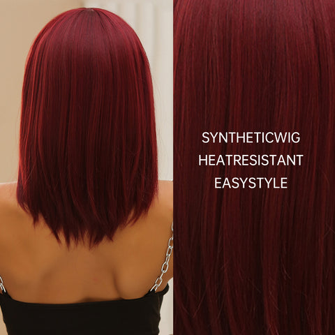 S75 Short Wine Red Straight Bob Wig with Bang  WL1035-1